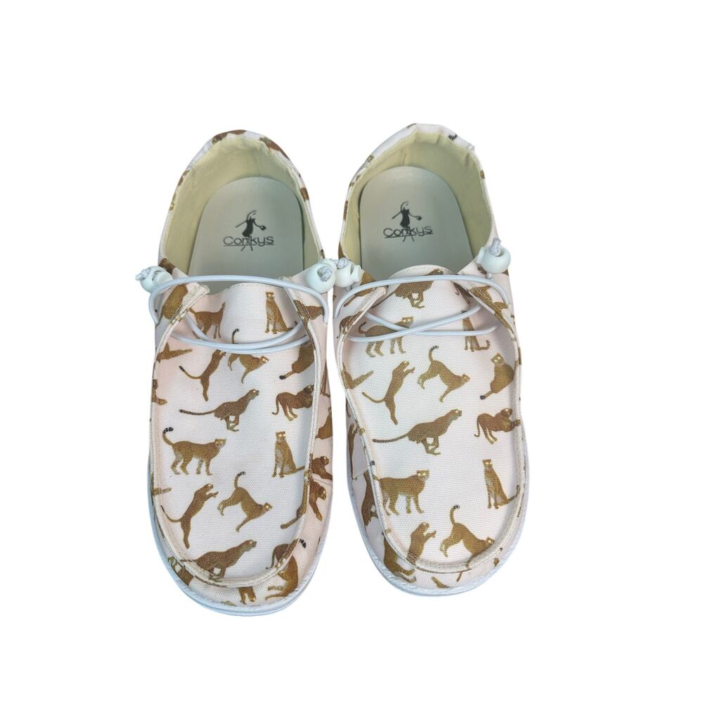 Corkys Women's "Kayak" slip-on shoes white canvas brown cheetah print size 10